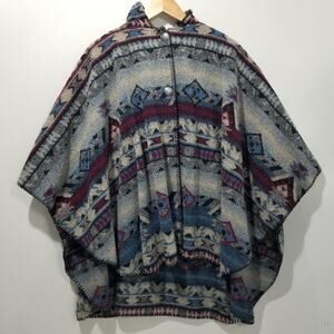 Bear Ridge Outfitters Poncho Womens S/M/L Blue Hooded Aztec Southwest Wool USA